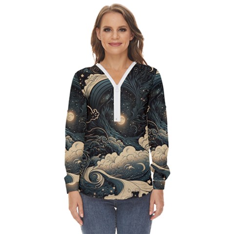 Starry Sky Moon Space Cosmic Galaxy Nature Art Clouds Art Nouveau Abstract Zip Up Long Sleeve Blouse by Posterlux