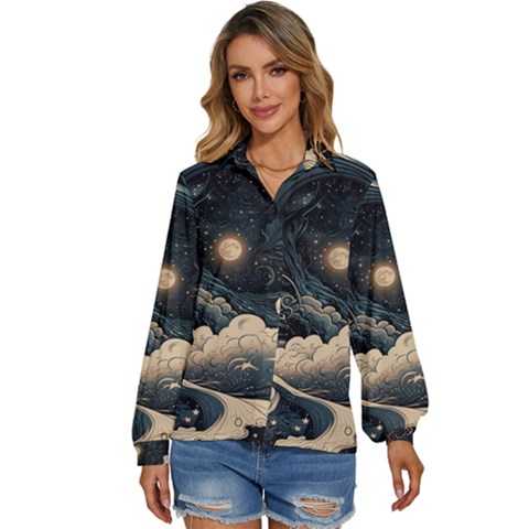 Starry Sky Moon Space Cosmic Galaxy Nature Art Clouds Art Nouveau Abstract Women s Long Sleeve Button Up Shirt by Posterlux