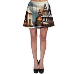 Village Reflections Snow Sky Dramatic Town House Cottages Pond Lake City Skater Skirt by Posterlux