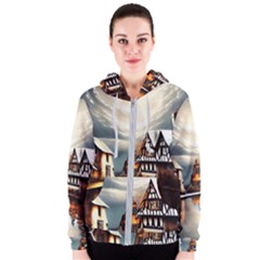 Village Reflections Snow Sky Dramatic Town House Cottages Pond Lake City Women s Zipper Hoodie by Posterlux