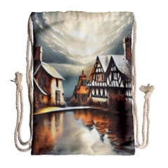 Village Reflections Snow Sky Dramatic Town House Cottages Pond Lake City Drawstring Bag (large) by Posterlux