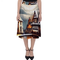 Village Reflections Snow Sky Dramatic Town House Cottages Pond Lake City Classic Midi Skirt