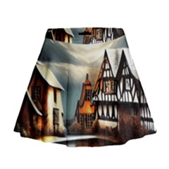 Village Reflections Snow Sky Dramatic Town House Cottages Pond Lake City Mini Flare Skirt by Posterlux