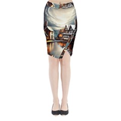 Village Reflections Snow Sky Dramatic Town House Cottages Pond Lake City Midi Wrap Pencil Skirt by Posterlux