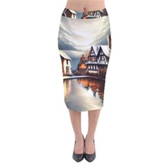 Village Reflections Snow Sky Dramatic Town House Cottages Pond Lake City Velvet Midi Pencil Skirt by Posterlux