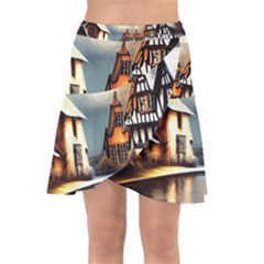 Village Reflections Snow Sky Dramatic Town House Cottages Pond Lake City Wrap Front Skirt by Posterlux