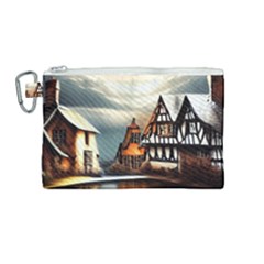 Village Reflections Snow Sky Dramatic Town House Cottages Pond Lake City Canvas Cosmetic Bag (medium) by Posterlux