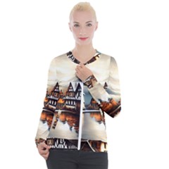 Village Reflections Snow Sky Dramatic Town House Cottages Pond Lake City Casual Zip Up Jacket by Posterlux