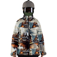 Village Reflections Snow Sky Dramatic Town House Cottages Pond Lake City Men s Zip Ski And Snowboard Waterproof Breathable Jacket by Posterlux