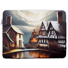 Village Reflections Snow Sky Dramatic Town House Cottages Pond Lake City 17  Vertical Laptop Sleeve Case With Pocket