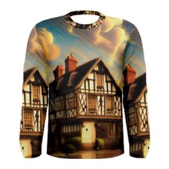 Village House Cottage Medieval Timber Tudor Split Timber Frame Architecture Town Twilight Chimney Men s Long Sleeve T-shirt by Posterlux