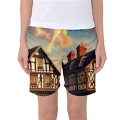 Village House Cottage Medieval Timber Tudor Split Timber Frame Architecture Town Twilight Chimney Women s Basketball Shorts by Posterlux