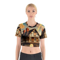 Village House Cottage Medieval Timber Tudor Split Timber Frame Architecture Town Twilight Chimney Cotton Crop Top by Posterlux