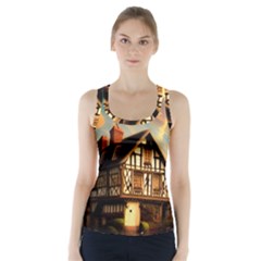 Village House Cottage Medieval Timber Tudor Split Timber Frame Architecture Town Twilight Chimney Racer Back Sports Top by Posterlux