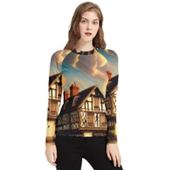 Village House Cottage Medieval Timber Tudor Split Timber Frame Architecture Town Twilight Chimney Women s Long Sleeve Rash Guard by Posterlux