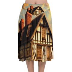 Village House Cottage Medieval Timber Tudor Split Timber Frame Architecture Town Twilight Chimney Velvet Flared Midi Skirt by Posterlux