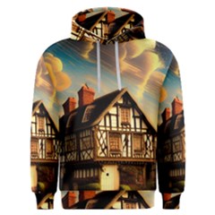 Village House Cottage Medieval Timber Tudor Split Timber Frame Architecture Town Twilight Chimney Men s Overhead Hoodie by Posterlux