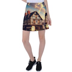 Village House Cottage Medieval Timber Tudor Split Timber Frame Architecture Town Twilight Chimney Tennis Skirt by Posterlux