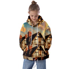 Village House Cottage Medieval Timber Tudor Split Timber Frame Architecture Town Twilight Chimney Kids  Oversized Hoodie by Posterlux