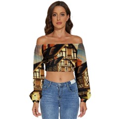 Village House Cottage Medieval Timber Tudor Split Timber Frame Architecture Town Twilight Chimney Long Sleeve Crinkled Weave Crop Top by Posterlux