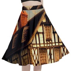Village House Cottage Medieval Timber Tudor Split Timber Frame Architecture Town Twilight Chimney A-line Full Circle Midi Skirt With Pocket by Posterlux