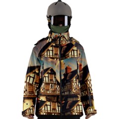 Village House Cottage Medieval Timber Tudor Split Timber Frame Architecture Town Twilight Chimney Men s Zip Ski And Snowboard Waterproof Breathable Jacket by Posterlux