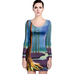 Artwork Outdoors Night Trees Setting Scene Forest Woods Light Moonlight Nature Long Sleeve Velvet Bodycon Dress by Posterlux