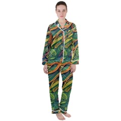 Outdoors Night Setting Scene Forest Woods Light Moonlight Nature Wilderness Leaves Branches Abstract Women s Long Sleeve Satin Pajamas Set	
