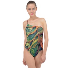 Outdoors Night Setting Scene Forest Woods Light Moonlight Nature Wilderness Leaves Branches Abstract Classic One Shoulder Swimsuit by Posterlux