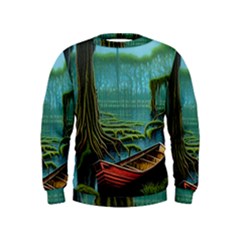 Boat Canoe Swamp Bayou Roots Moss Log Nature Scene Landscape Water Lake Setting Abandoned Rowboat Fi Kids  Sweatshirt by Posterlux