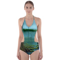 Boat Canoe Swamp Bayou Roots Moss Log Nature Scene Landscape Water Lake Setting Abandoned Rowboat Fi Cut-out One Piece Swimsuit by Posterlux