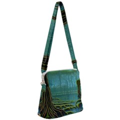 Boat Canoe Swamp Bayou Roots Moss Log Nature Scene Landscape Water Lake Setting Abandoned Rowboat Fi Zipper Messenger Bag by Posterlux