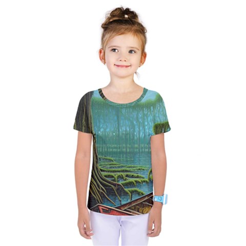 Boat Canoe Swamp Bayou Roots Moss Log Nature Scene Landscape Water Lake Setting Abandoned Rowboat Fi Kids  One Piece T-shirt by Posterlux