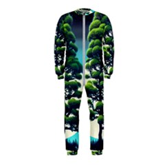 Pine Moon Tree Landscape Nature Scene Stars Setting Night Midnight Full Moon Onepiece Jumpsuit (kids) by Posterlux