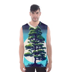 Pine Moon Tree Landscape Nature Scene Stars Setting Night Midnight Full Moon Men s Basketball Tank Top by Posterlux