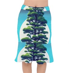 Pine Moon Tree Landscape Nature Scene Stars Setting Night Midnight Full Moon Short Mermaid Skirt by Posterlux