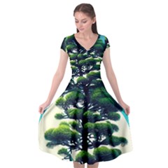 Pine Moon Tree Landscape Nature Scene Stars Setting Night Midnight Full Moon Cap Sleeve Wrap Front Dress by Posterlux