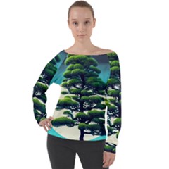 Pine Moon Tree Landscape Nature Scene Stars Setting Night Midnight Full Moon Off Shoulder Long Sleeve Velour Top by Posterlux