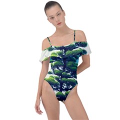 Pine Moon Tree Landscape Nature Scene Stars Setting Night Midnight Full Moon Frill Detail One Piece Swimsuit by Posterlux