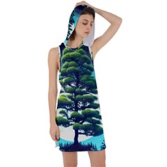 Pine Moon Tree Landscape Nature Scene Stars Setting Night Midnight Full Moon Racer Back Hoodie Dress by Posterlux