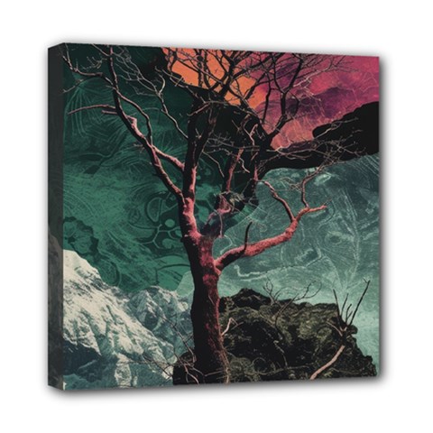 Night Sky Nature Tree Night Landscape Forest Galaxy Fantasy Dark Sky Planet Mini Canvas 8  X 8  (stretched)