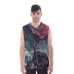 Night Sky Nature Tree Night Landscape Forest Galaxy Fantasy Dark Sky Planet Men s Basketball Tank Top by Posterlux