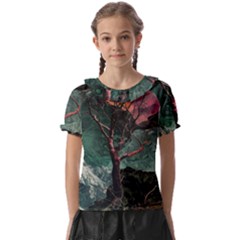 Night Sky Nature Tree Night Landscape Forest Galaxy Fantasy Dark Sky Planet Kids  Frill Chiffon Blouse