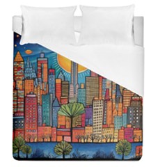 City New York Nyc Skyscraper Skyline Downtown Night Business Urban Travel Landmark Building Architec Duvet Cover (queen Size) by Posterlux