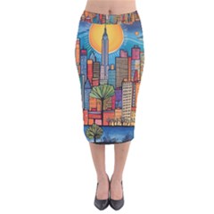 City New York Nyc Skyscraper Skyline Downtown Night Business Urban Travel Landmark Building Architec Velvet Midi Pencil Skirt by Posterlux