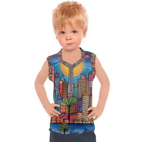 City New York Nyc Skyscraper Skyline Downtown Night Business Urban Travel Landmark Building Architec Kids  Sport Tank Top by Posterlux