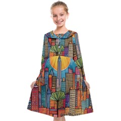 City New York Nyc Skyscraper Skyline Downtown Night Business Urban Travel Landmark Building Architec Kids  Midi Sailor Dress by Posterlux