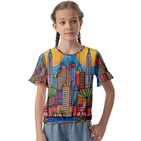 City New York Nyc Skyscraper Skyline Downtown Night Business Urban Travel Landmark Building Architec Kids  Cuff Sleeve Scrunch Bottom T-shirt by Posterlux