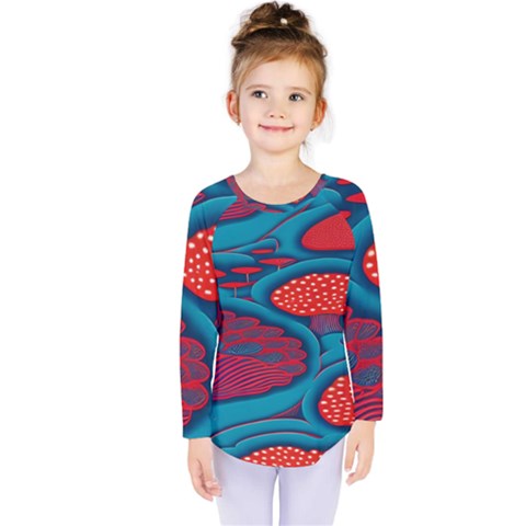 Vintage Ornate Mushroom Leafage Wallpaper Kids  Long Sleeve T-shirt by Apen