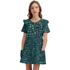 Squares Cubism Geometric Background Kids  Frilly Sleeves Pocket Dress